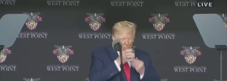 Trump Struggles To Pronounce General Douglas MacArthur’s Name, Lift Water Glass During West Point Speech
